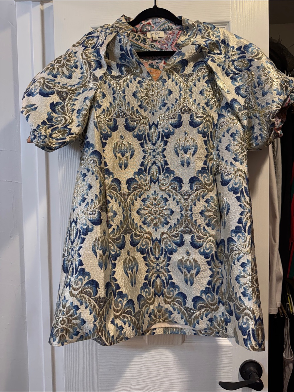 Umgee Cream, Blue and Gold Brocade Mini Dress